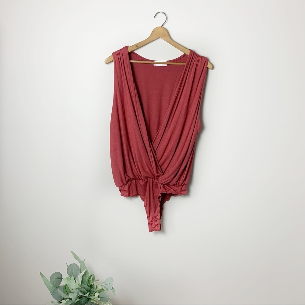 [CBRAND] Women's Red Terracotta Deep V-neck Draped Sleeveless One Piece Bodysuit